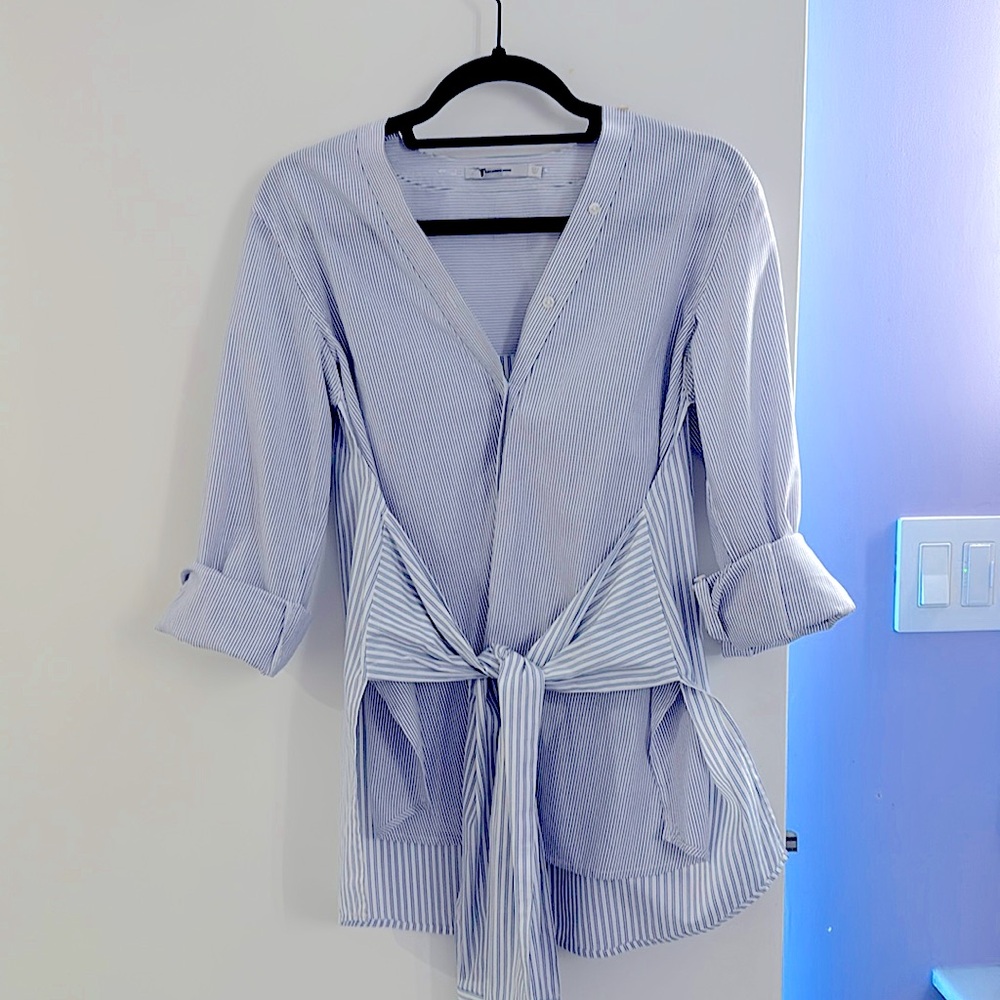 T by Alexander Wang Blue Striped Tie-Front Blouse